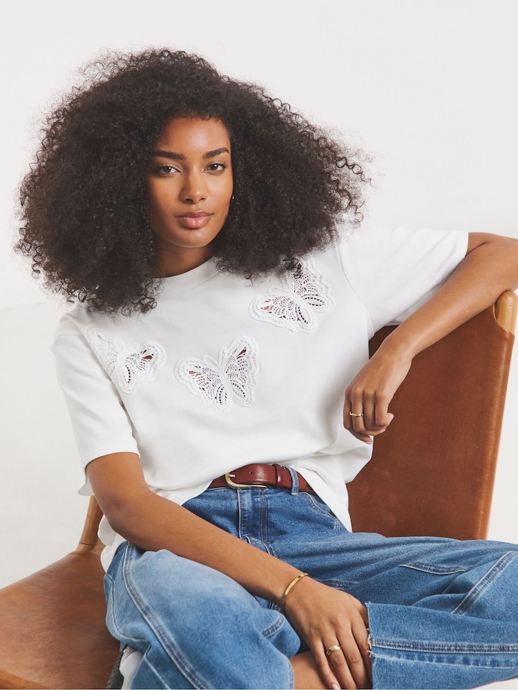 Simply Be White Oversized Crochet Butterfly T-Shirt - Image 1 of 4 Simply Be White Oversized Crochet Butterfly T-Shirt - Image 1 of 4