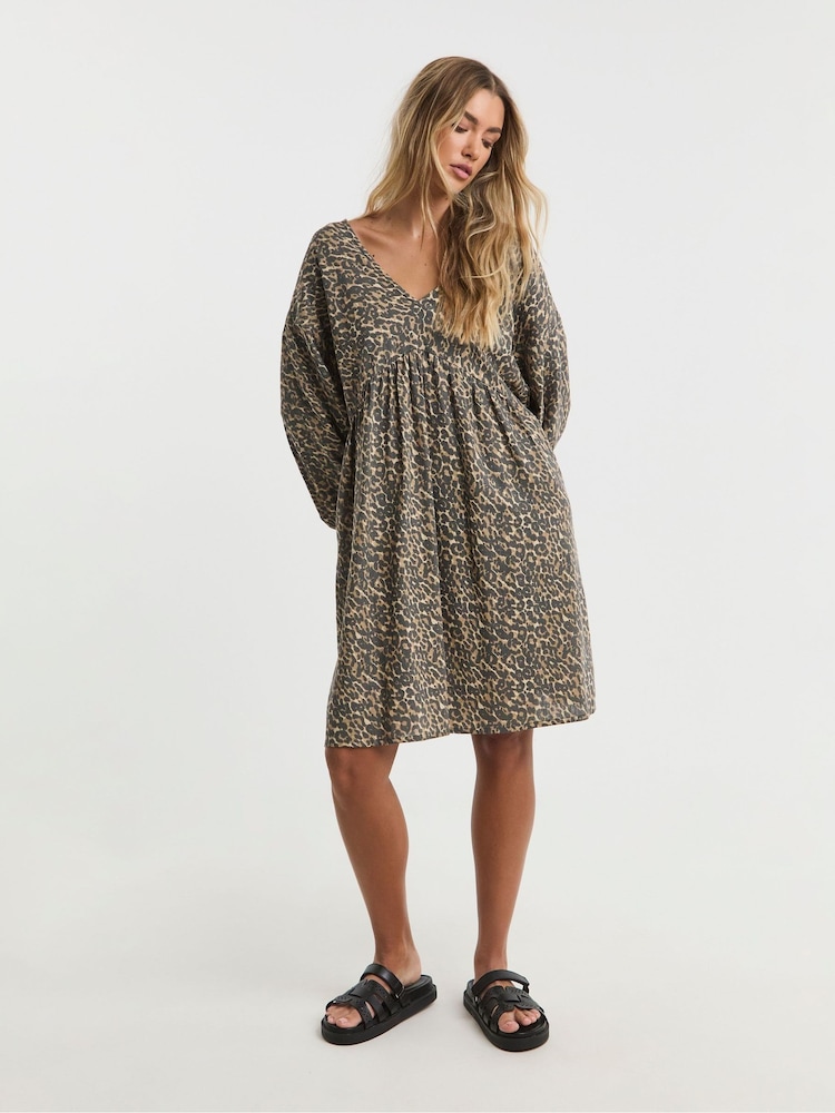 Simply Be Leopard Print Linen Smock Dress - Image 1 of 4
