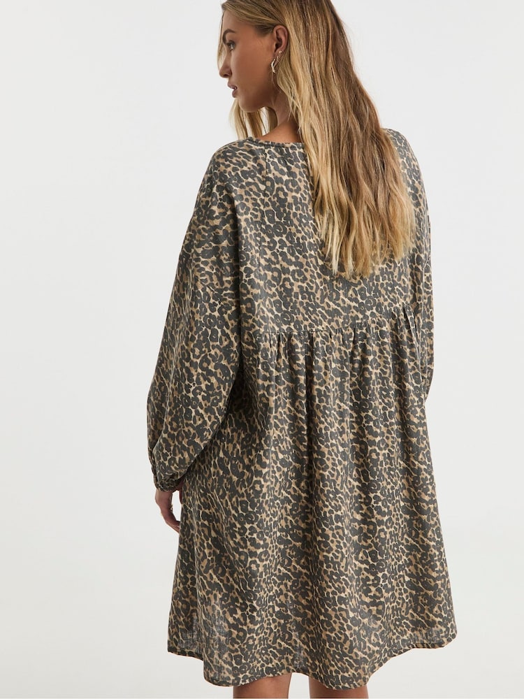 Simply Be Leopard Print Linen Smock Dress - Image 2 of 4