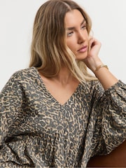 Simply Be Leopard Print Linen Smock Dress - Image 3 of 4