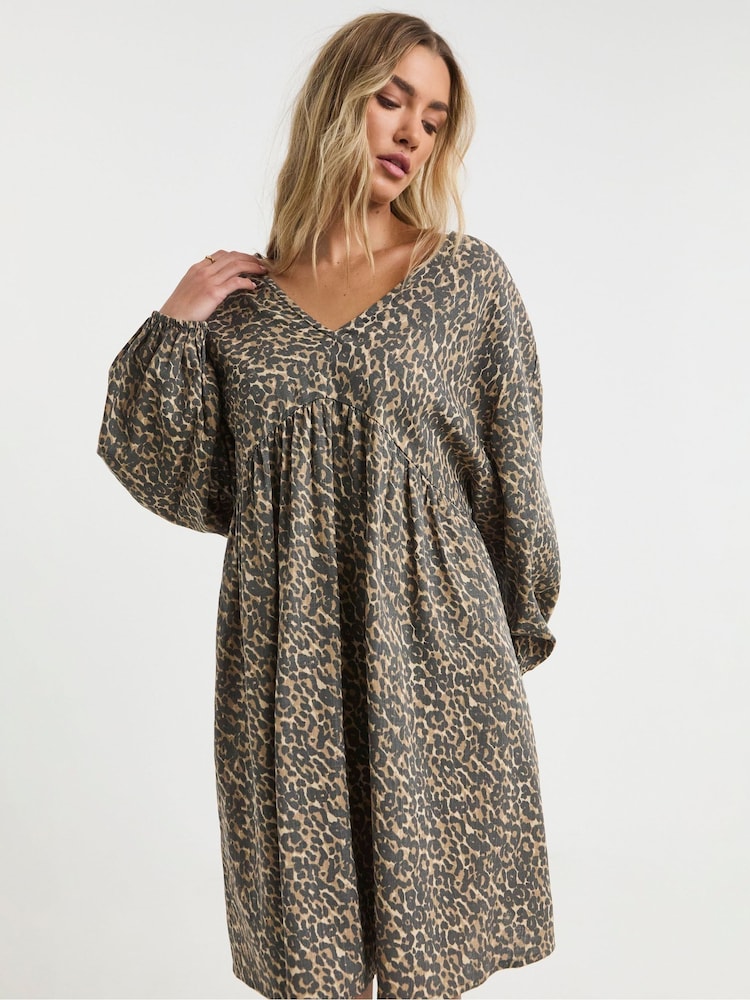 Simply Be Leopard Print Linen Smock Dress - Image 4 of 4 Simply Be Leopard Print Linen Smock Dress - Image 4 of 4