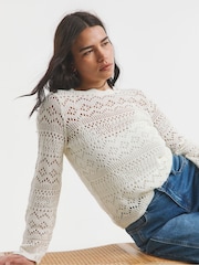 Simply Be Cream 100% Cotton Crochet Look Jumper - Image 1 of 4