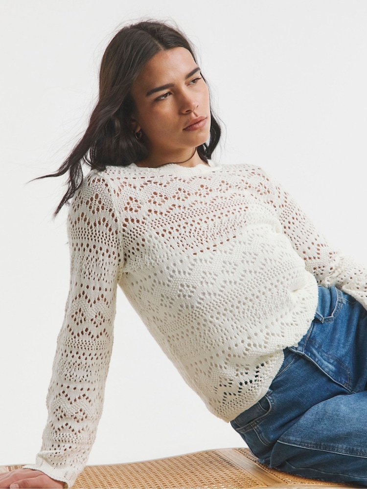 Simply Be Cream 100% Cotton Crochet Look Jumper - Image 1 of 4