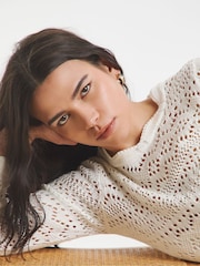 Simply Be Cream 100% Cotton Crochet Look Jumper - Image 3 of 4