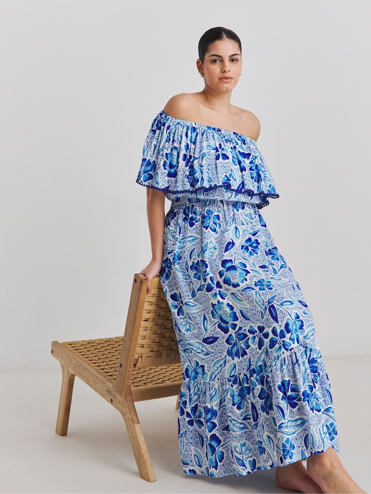 bardot beach dress Pure Cotton Printed Bardot Beach Dress | DARK BLUE MIX | Dresses