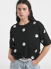 Simply Be Black Embellished Flower 100% Cotton T-Shirt - Image 1 of 4