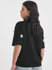 Simply Be Black Embellished Flower 100% Cotton T-Shirt - Image 2 of 4