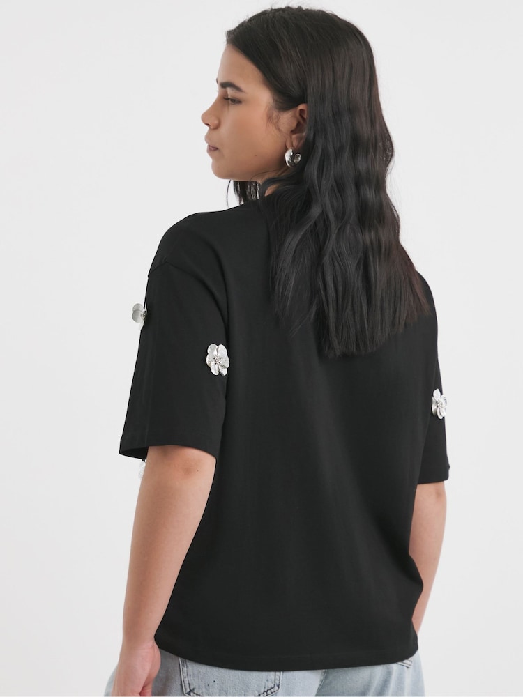 Simply Be Black Embellished Flower 100% Cotton T-Shirt - Image 2 of 4