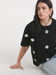Simply Be Black Embellished Flower 100% Cotton T-Shirt - Image 3 of 4