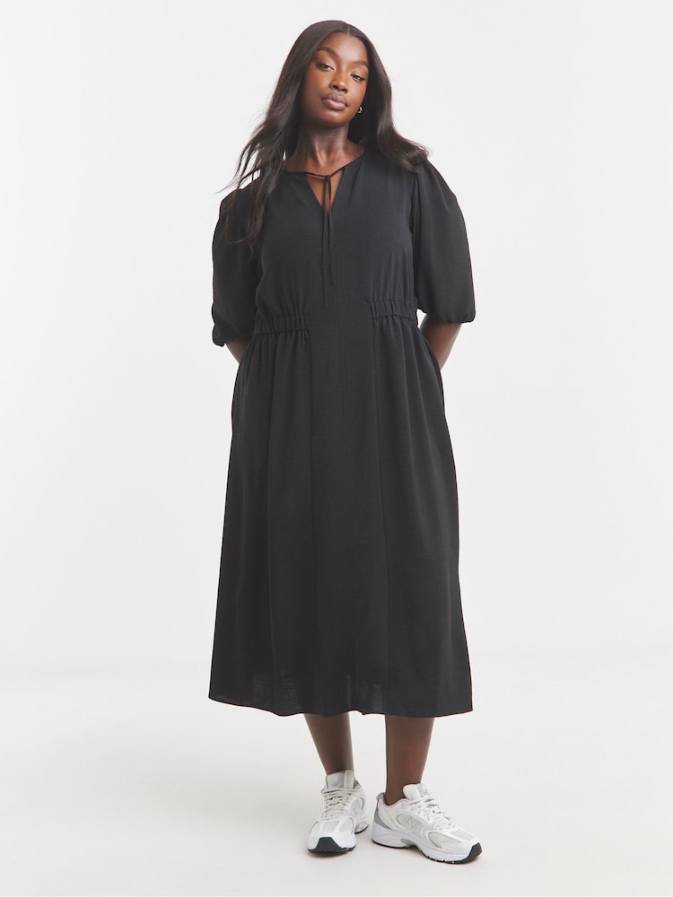 Simply Be Black Crepe Cinched Waist Midi Dress - Image 1 of 4 Simply Be Black Crepe Cinched Waist Midi Dress - Image 1 of 4