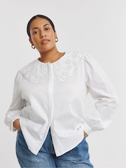 Simply Be White Broderie Collared 100% Cotton Blouse - Image 1 of 4