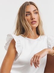 Simply Be White Broderie Frill Sleeve 100% Cotton Top With Tie Detail - Image 3 of 4