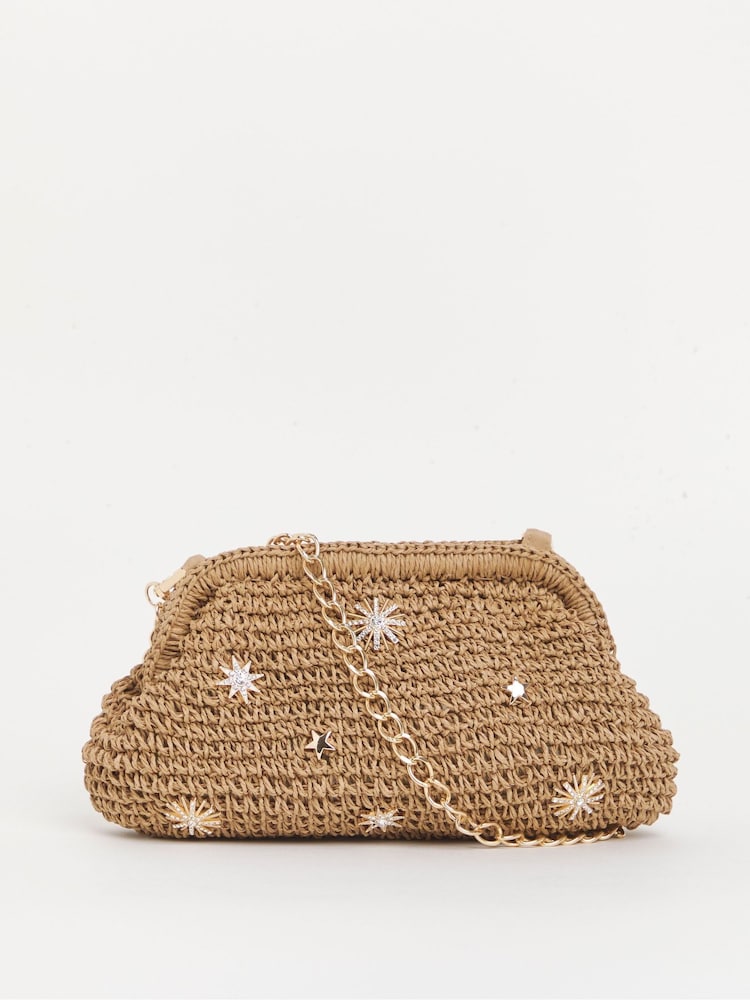 Simply Be Brown Raffia Star Studded Clutch Bag - Image 1 of 4