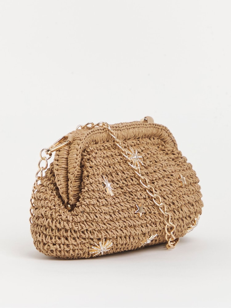 Simply Be Brown Raffia Star Studded Clutch Bag - Image 4 of 4