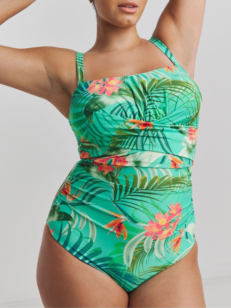 Simply Be Green Jungle Print Magisculpt Bandeau Swimsuit - Image 1 of 4