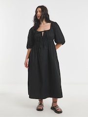 Simply Be Black 100% Cotton Bow Front Romantic Midi Dress - Image 1 of 4