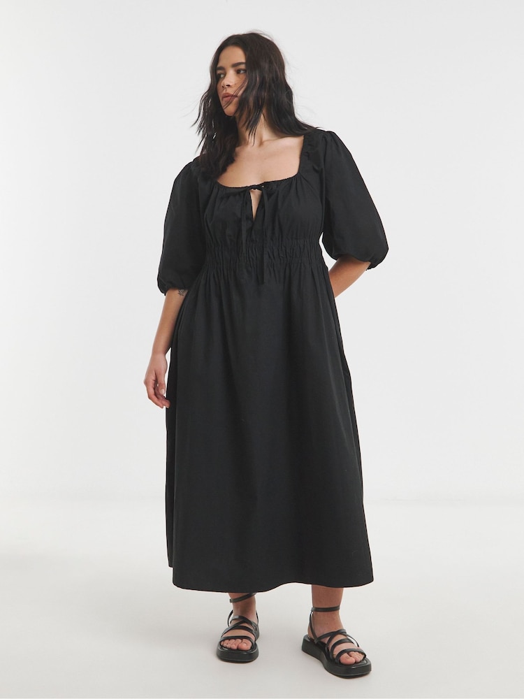 Simply Be Black 100% Cotton Bow Front Romantic Midi Dress - Image 1 of 4