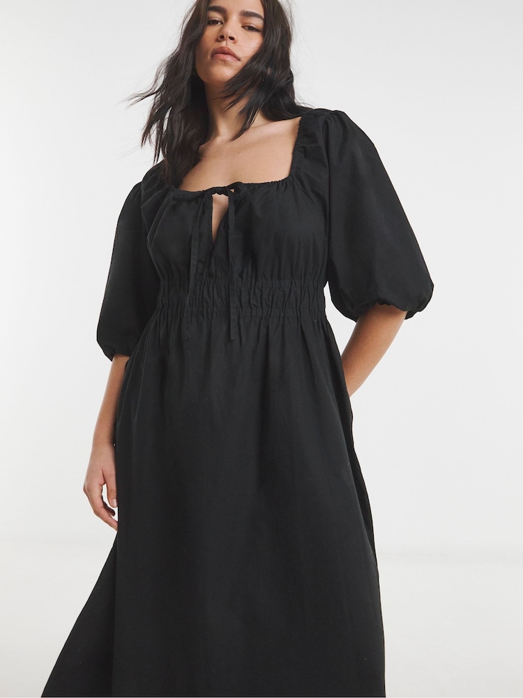Simply Be Black 100% Cotton Bow Front Romantic Midi Dress - Image 2 of 4