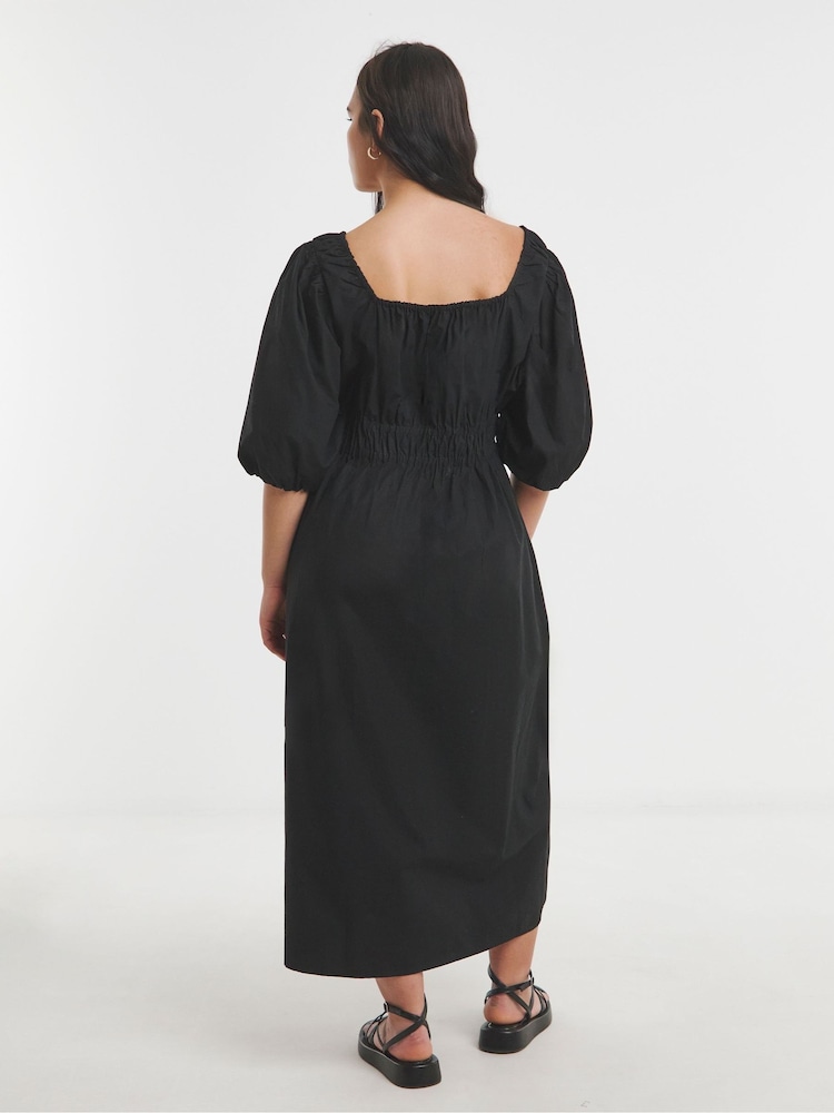 Simply Be Black 100% Cotton Bow Front Romantic Midi Dress - Image 3 of 4