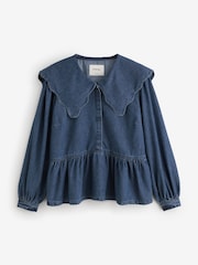 Simply Be Blue Scalloped Collar Denim Blouse - Image 1 of 1