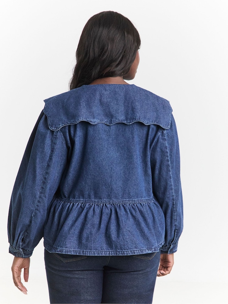 Simply Be Blue Scalloped Collar Denim Blouse - Image 2 of 5