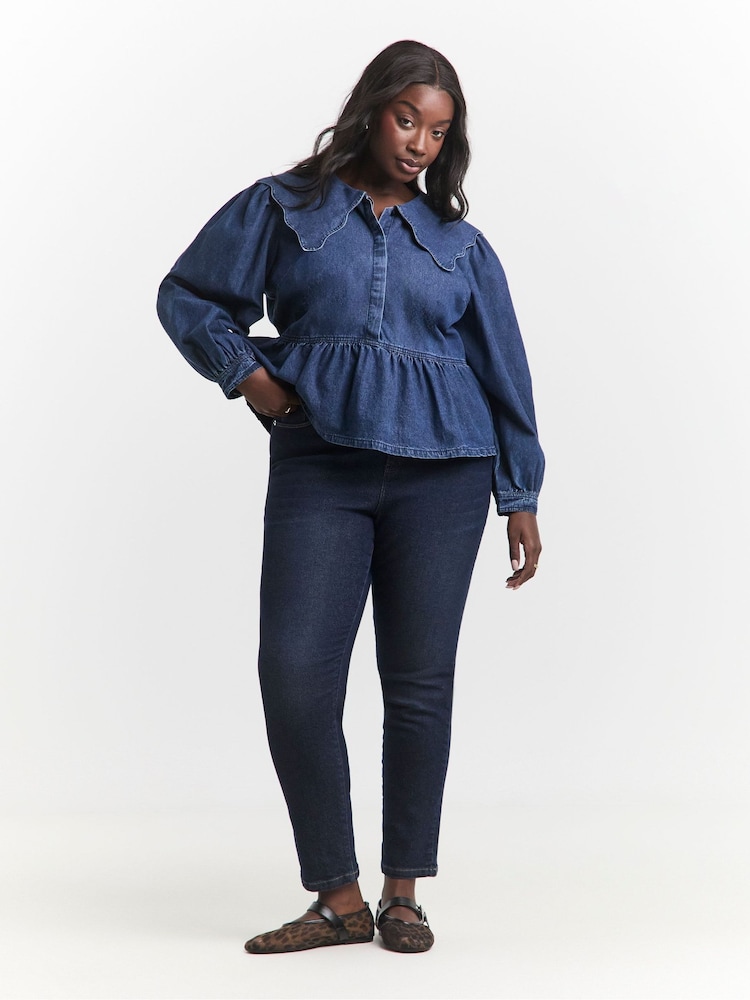Simply Be Blue Scalloped Collar Denim Blouse - Image 4 of 4