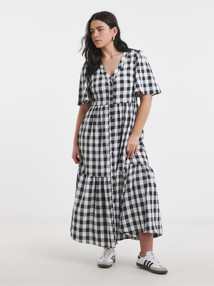 Simply Be Black Gingham Button Up Midi Dress - Image 1 of 4