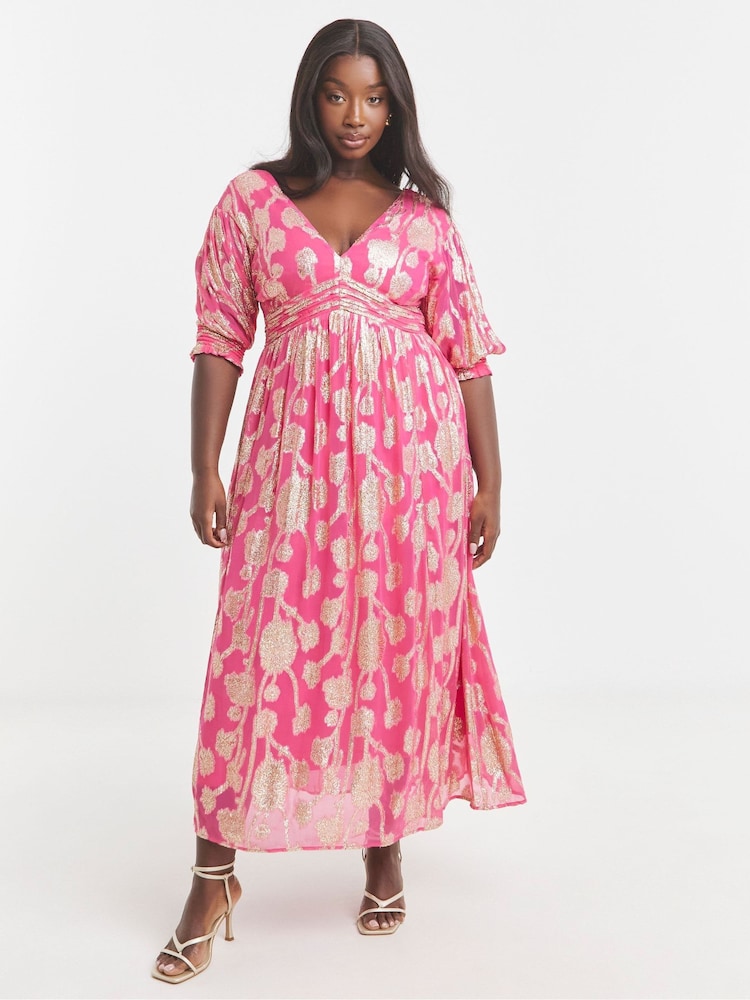 Simply Be Pink Jacquard Frill Detail Maxi Dress - Image 1 of 4