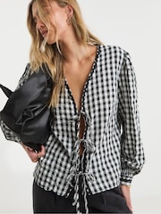 Simply Be Black Gingham Tie Front Blouse - Image 1 of 6