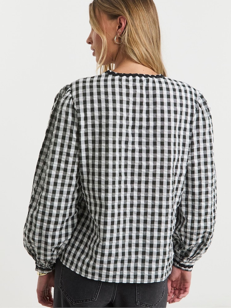 Simply Be Black Gingham Tie Front Blouse - Image 2 of 6