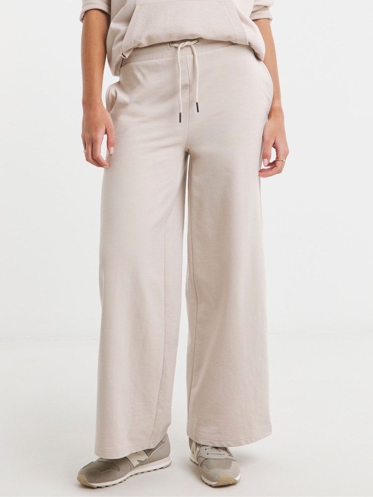Simply Be Cream Reverse Loopback Detail Wide Leg Joggers - Image 1 of 4