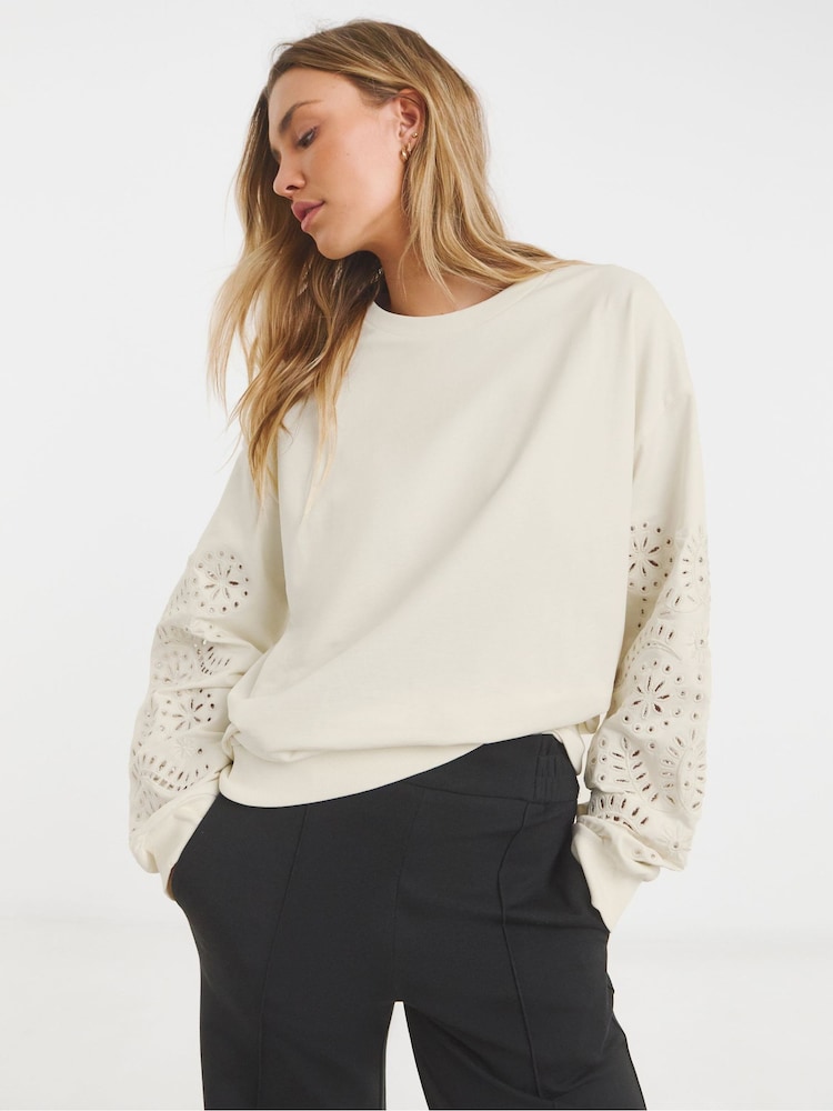 Simply Be Cream Cut Work Sleeve Sweatshirt - Image 1 of 4