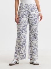 Simply Be White Floral Wide Leg 100% Cotton Jeans - Image 1 of 4