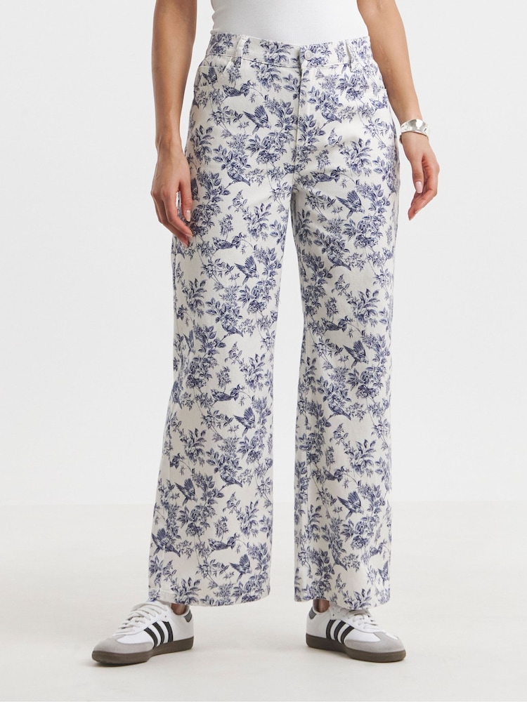 Simply Be White Floral Wide Leg 100% Cotton Jeans - Image 1 of 4