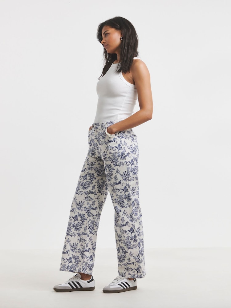 Simply Be White Floral Wide Leg 100% Cotton Jeans - Image 4 of 4