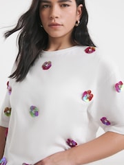 Simply Be White Embellished Flower 100% Cotton T-Shirt - Image 1 of 4
