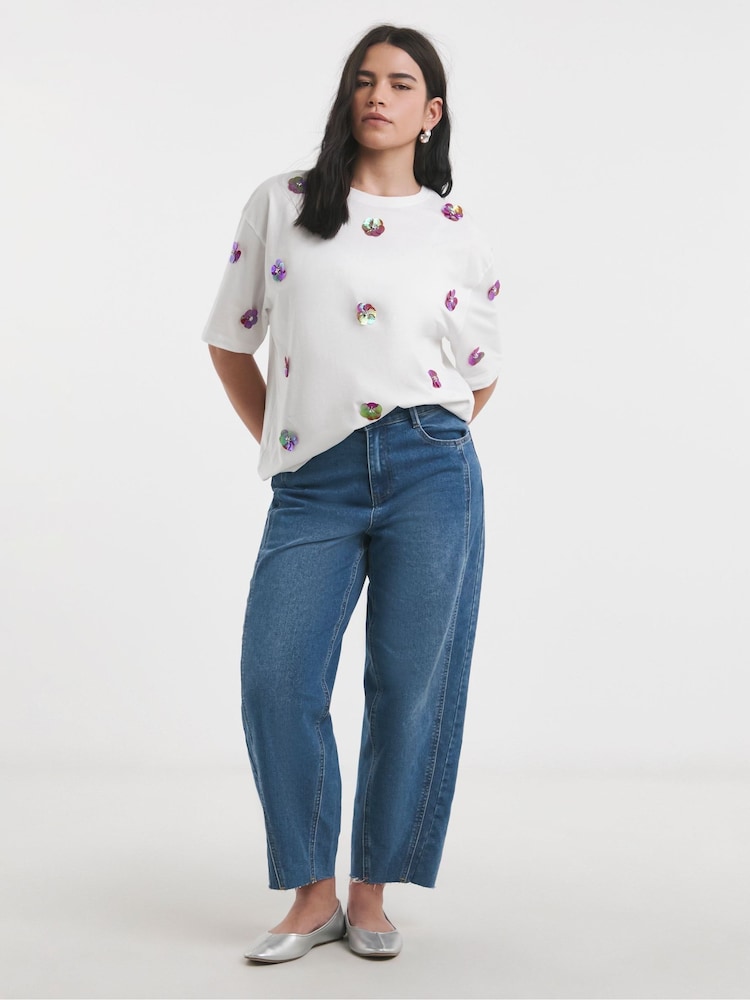 Simply Be White Embellished Flower 100% Cotton T-Shirt - Image 2 of 4