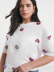 Simply Be White Embellished Flower 100% Cotton T-Shirt - Image 4 of 4
