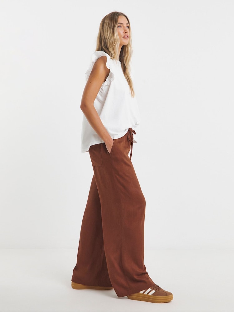 Simply Be Brown Wide Fit Tie Waist Wide Leg Trousers - Image 1 of 4 Simply Be Brown Wide Fit Tie Waist Wide Leg Trousers - Image 1 of 4
