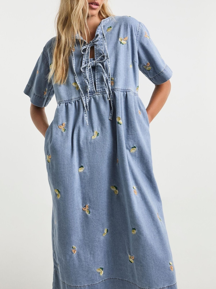 Simply Be Blue Fruit Embroidered Tie Front Midaxi Denim Dress - Image 1 of 4