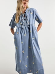 Simply Be Blue Fruit Embroidered Tie Front Midaxi Denim Dress - Image 2 of 4