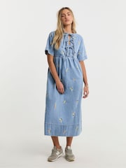 Simply Be Blue Fruit Embroidered Tie Front Midaxi Denim Dress - Image 3 of 4