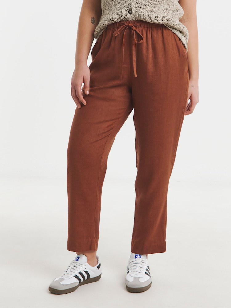 Simply Be Brown Tie Waist Tapered Linen Trousers - Image 1 of 4 Simply Be Brown Tie Waist Tapered Linen Trousers - Image 1 of 4