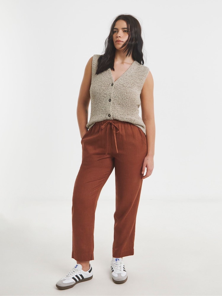 Simply Be Brown Tie Waist Tapered Linen Trousers - Image 4 of 4 Simply Be Brown Tie Waist Tapered Linen Trousers - Image 4 of 4