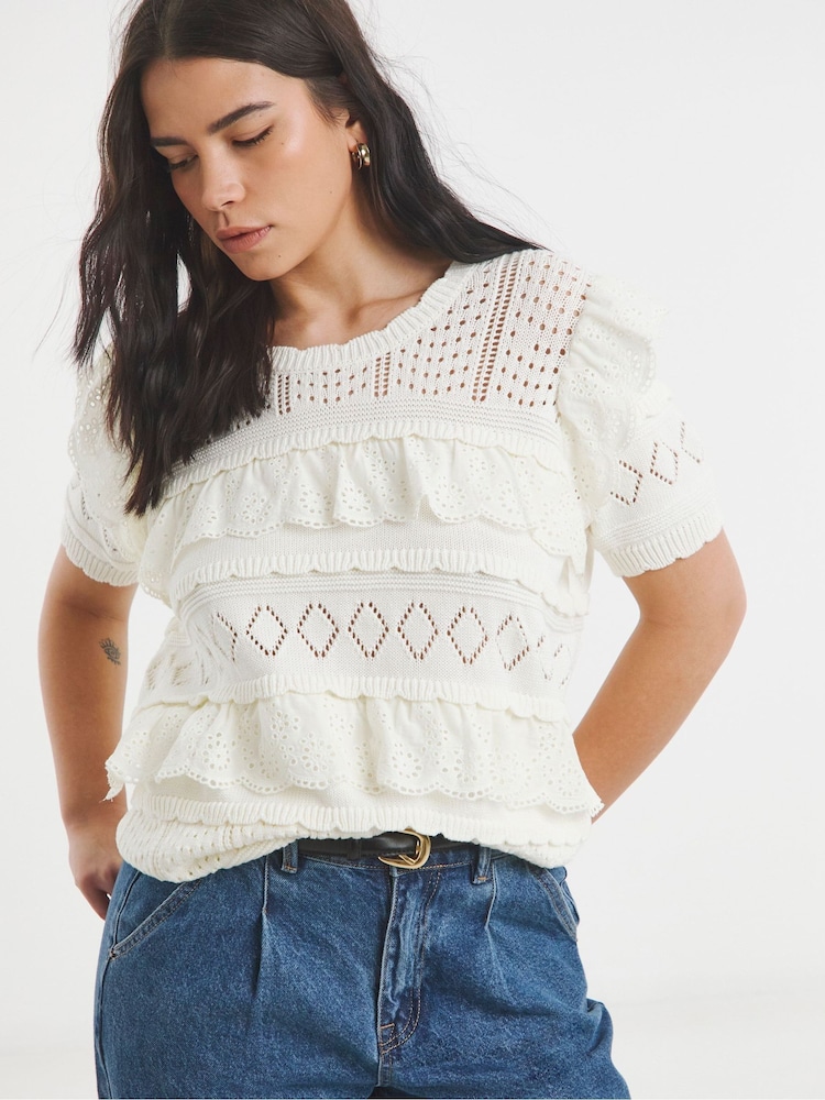 Simply Be Cream Ponitelle Mixed Knitted 100% Cotton Top - Image 1 of 4