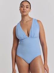 Simply Be Blue Textured Cross back Plunge Swimsuit - Image 1 of 4