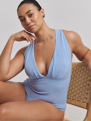 Simply Be Blue Textured Cross back Plunge Swimsuit - Image 2 of 4