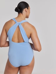 Simply Be Blue Textured Cross back Plunge Swimsuit - Image 3 of 4