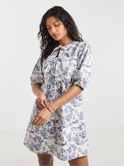 Simply Be White 100% Cotton Mix Floral Tie Front Denim Dress - Image 1 of 4