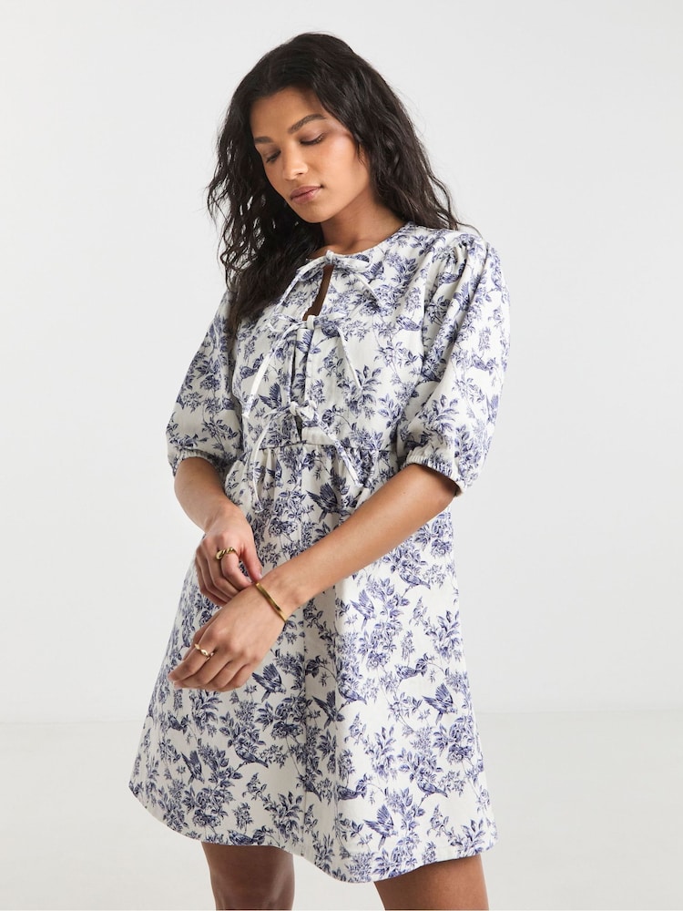 Simply Be White 100% Cotton Mix Floral Tie Front Denim Dress - Image 1 of 4